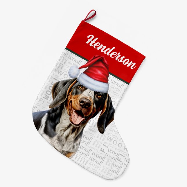 Weihnachts Bluetick Coonhound Name Woof Background Großer Weihnachtsstrumpf (Vorderansicht (hängend))