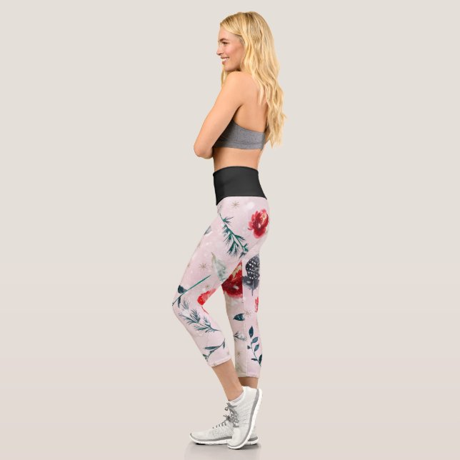Weihnachts-Blume Blätter Boho Pattern Capri Leggings (Links)