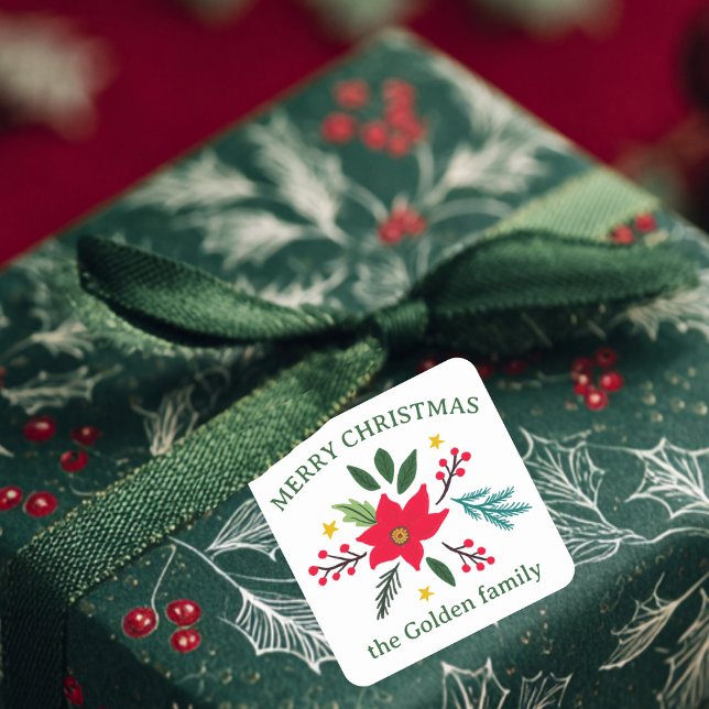 Weihnachts-Blume Botanicals Foliage Urlaub CUSTOM Quadratischer Aufkleber (Christmas Flower Botanicals Foliage Holiday CUSTOM Square Sticker
)