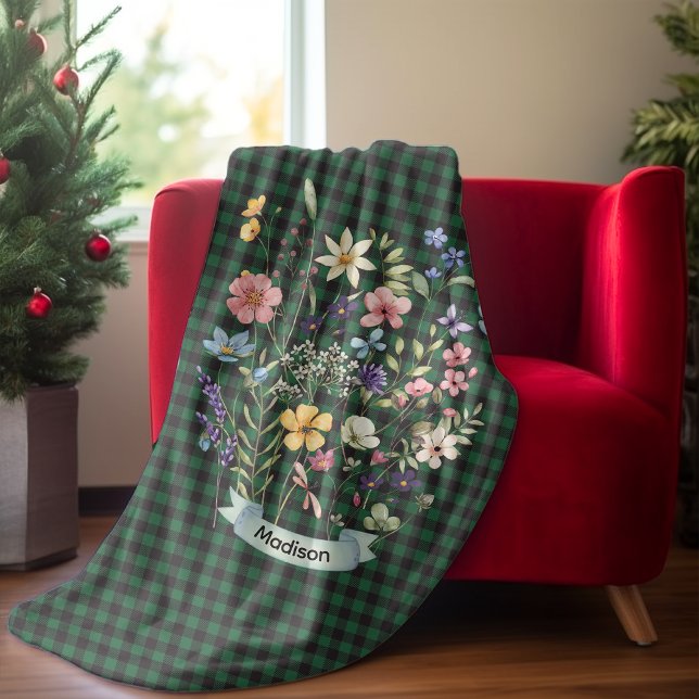 Weihnachts-Blume-Grünbaffalo karierte Monogramm Fleecedecke (Von Creator hochgeladen)