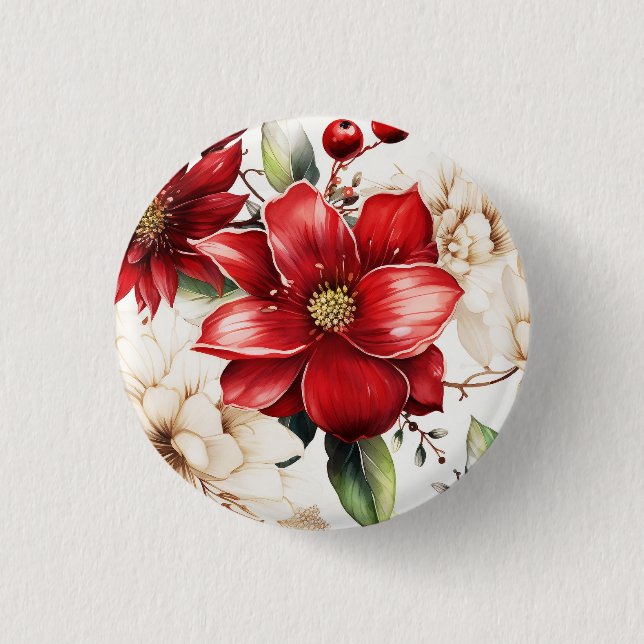 Weihnachts-Blume Poinsettia Rotes Grünes Muster Button (Vorderseite)