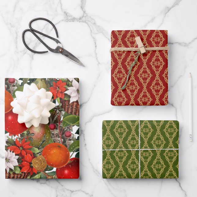 Weihnachts-Blume und Obst Geschenkpapier Set (Vorderseite)