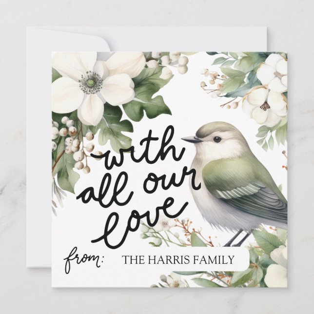 Weihnachts-Blume und Vogel mit all unserer Liebe Einladung (Vorderseite)