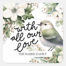Weihnachts-Blume und Vogel - mit Liebe Quadratischer Aufkleber