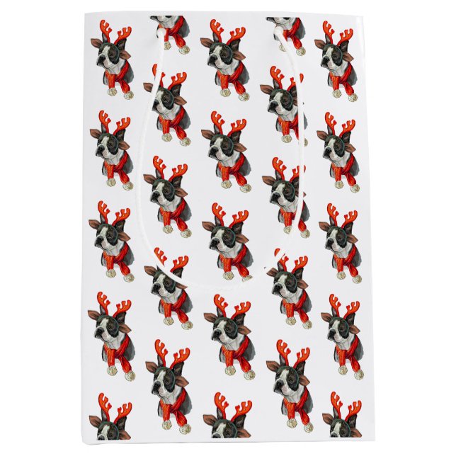 Weihnachts-Boston-Terrier-Hund Wrapping Paper Mittlere Geschenktüte (Vorderseite)