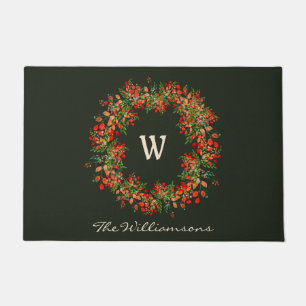 Weihnachts-Botanischer-Beeren-Kranz-Familien-Monog Fußmatte