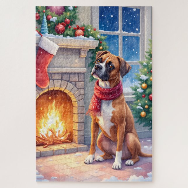 Weihnachts-Boxer am Kamin Kunst Puzzle (Vertikal)