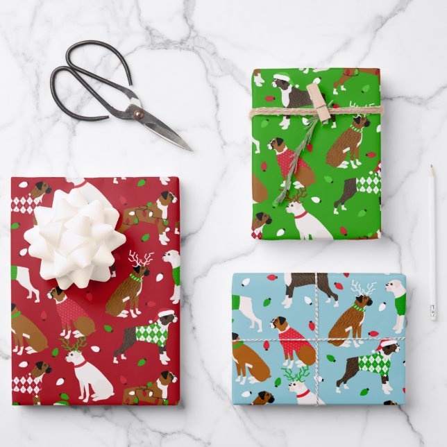 Weihnachts-Boxer-Dog-Wrapping Paper Sheets Geschenkpapier Set (Vorderseite)