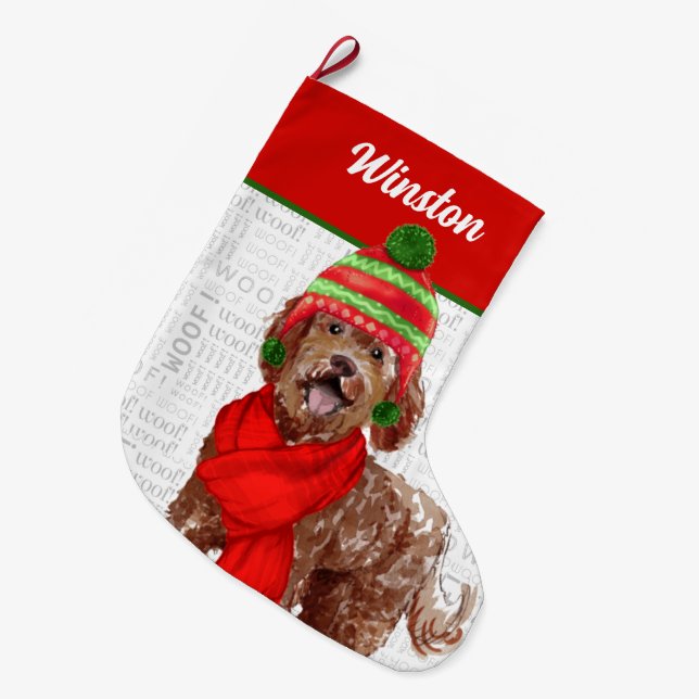 Weihnachts-Braun-Labradoodle mit Hundenname Großer Weihnachtsstrumpf (Vorderansicht (hängend))