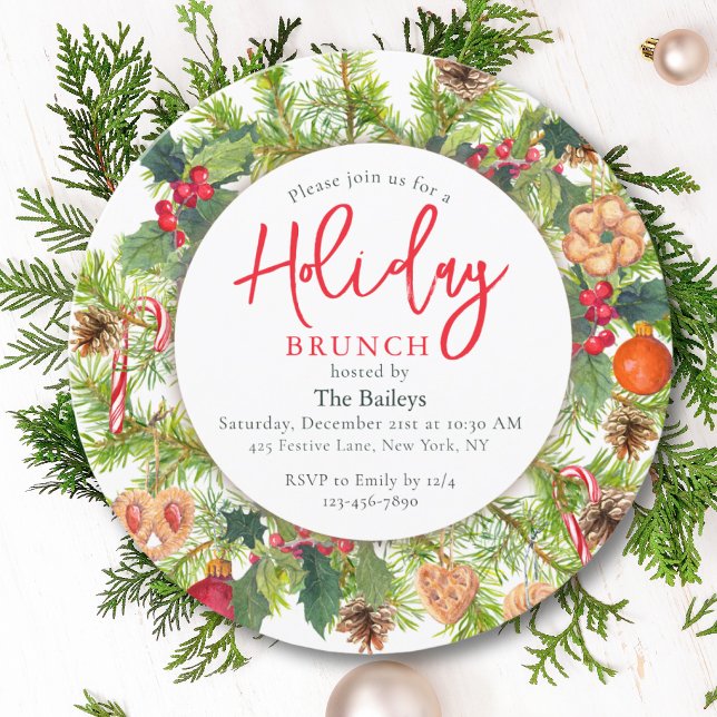 Weihnachts-Brunch Weihnachtsschmuck Wasserfarbe Bl Einladung (Von Creator hochgeladen)