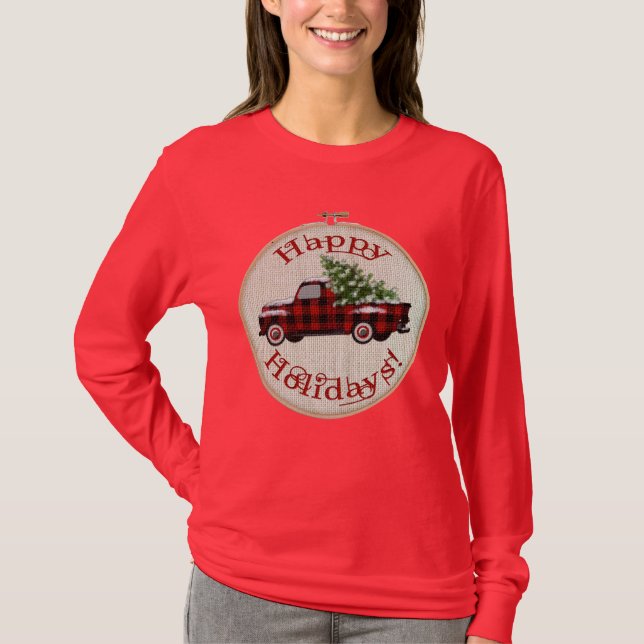 Weihnachts Buffalo Karierter Roter LKW und Pine Tr T-Shirt (Vorderseite)