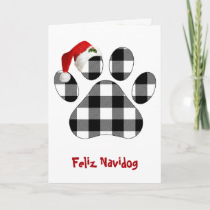 Weihnachts-Buffalo-Karo Hund Pfotenabdruck und Hut Karte