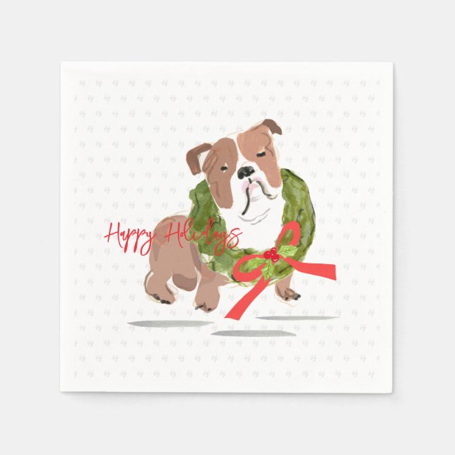 Weihnachts-Bulldog-Happy Holidays Festive Holly Hu Serviette (Vorderseite)