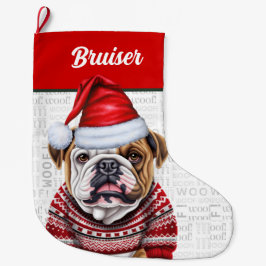 Weihnachts-Bulldog mit dem Namen Woof Background Großer Weihnachtsstrumpf