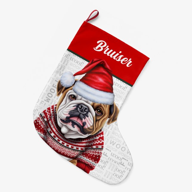 Weihnachts-Bulldog mit dem Namen Woof Background Großer Weihnachtsstrumpf (Vorderansicht (hängend))