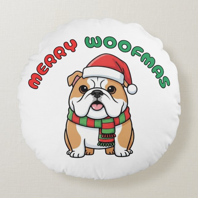 Weihnachts-Bulldog-Rundkissen: Frohe Weihnachten Rundes Kissen (Vorderseite)