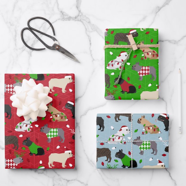 Weihnachts-Bulldog-Wrapping Paper Sheets Geschenkpapier Set (Vorderseite)