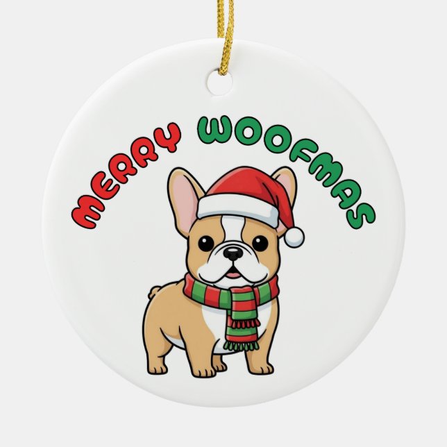 Weihnachts-Bulldogge-Ornament: Frohe Weihnachten Keramik Ornament (Vorne)