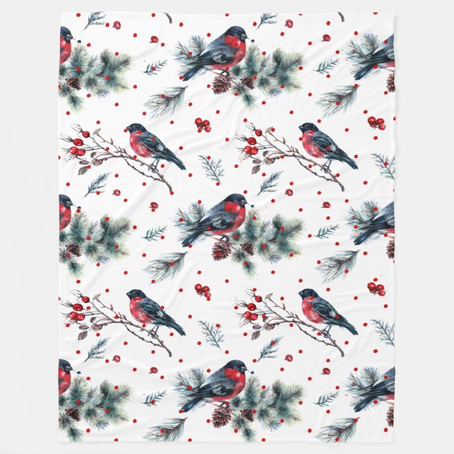 Weihnachts-Bullfinch & Evergreens-Muster Fleecedecke (Vorderseite)