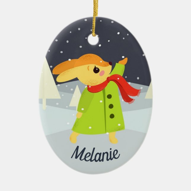 Weihnachts Bunny Catching Schneeflocken Niedlich Keramik Ornament (Vorne)