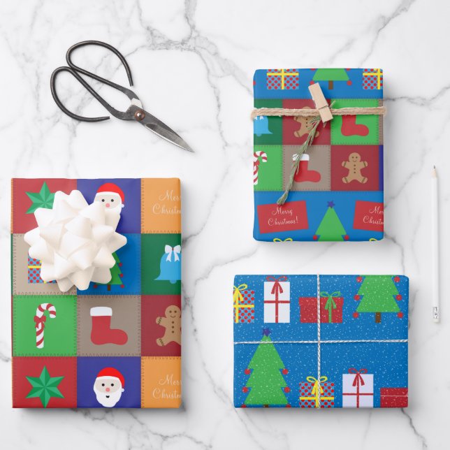 Weihnachts-bunte Square-Muster Papierblätter Geschenkpapier Set (Vorderseite)