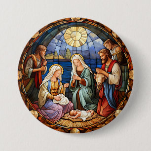 Weihnachts-Buntglas-Darstellung der Geburt Jesu Button
