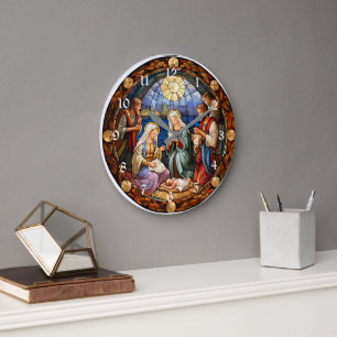 Weihnachts-Buntglas-Darstellung der Geburt Jesu Große Wanduhr