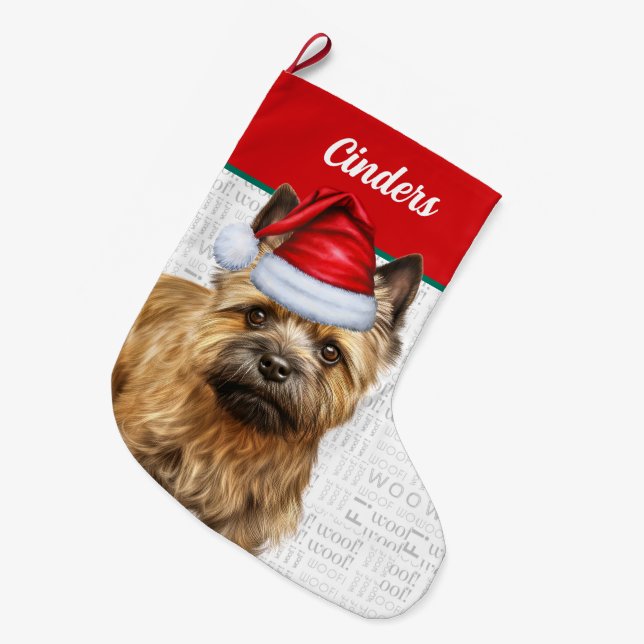 Weihnachts Cairn Hund mit Name Woof Hintergrund Großer Weihnachtsstrumpf (Vorderansicht (hängend))