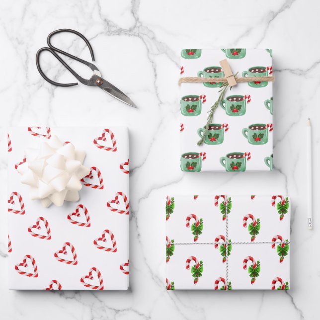 Weihnachts Candy Cane Herz Cocoa Urlaub Spaß Geschenkpapier Set (Vorderseite)