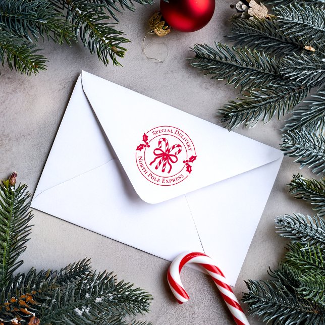 Weihnachts-Candy-Cane-Holz-Stempel Permastempel (Red candy cane stamp on white envelope)