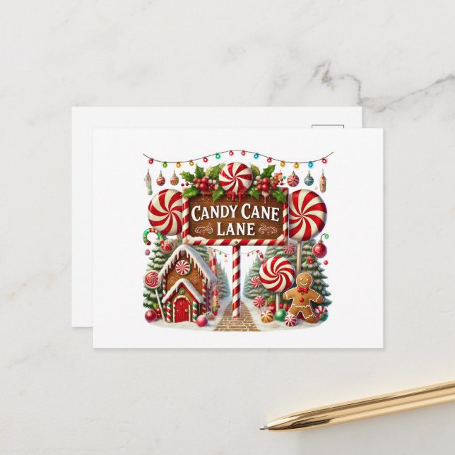 Weihnachts Candy Cane Lane Feiertagspostkarte (Vorderseite/Rückseite Beispiel)