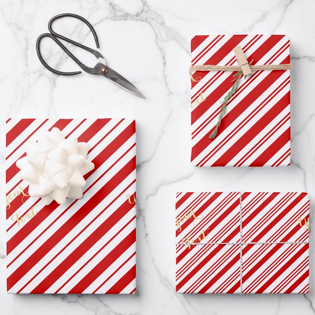 Weihnachts Candy Cane Red Stripes Gold Text Urlaub Geschenkpapier Set (Christmas Candy Cane Red Stripes Gold Text Holiday Wrapping Paper Sheets)