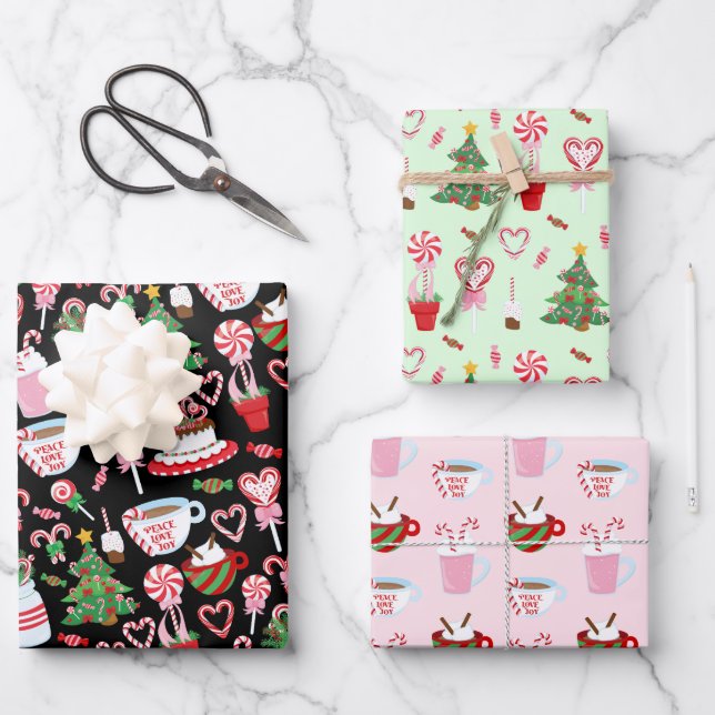 Weihnachts Candy Cane Süßigkeiten Muster Geschenkpapier Set (Vorderseite)