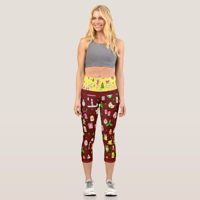 Weihnachts Candy Pattern Red Background Capri Leggings (Vorderseite)