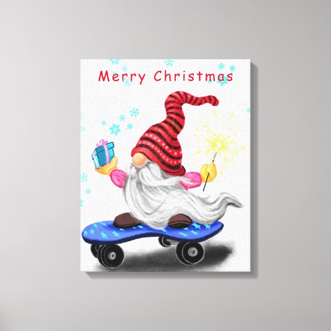 Weihnachts-Canvas Print Skater Gnome mit Geschenke Leinwanddruck (Vorderseite)