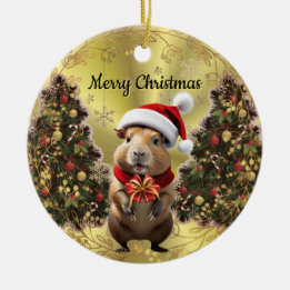 Weihnachts-Capybara flankiert von Weihnachtsbäumen Keramik Ornament