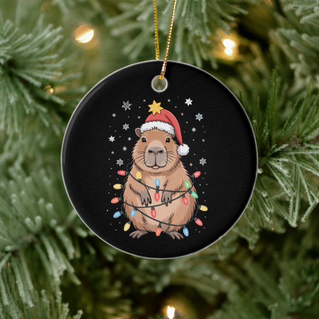 Weihnachts Capybara mit Weihnachtsmannmütze Xmas L Keramik Ornament (Baum)