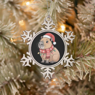 Weihnachts-Capybara-Santa-Hut-Schal-Xmas-Lichter Schneeflocken Zinn-Ornament