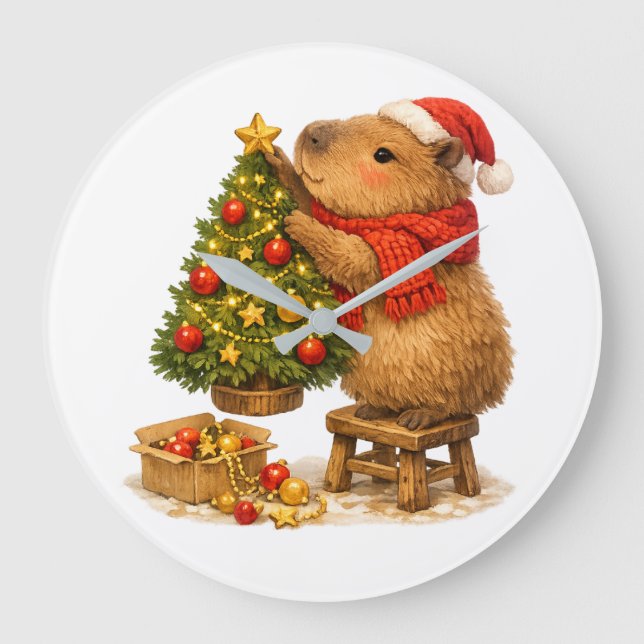 Weihnachts-Capybara schmückt Baum Große Wanduhr (Vorderseite)