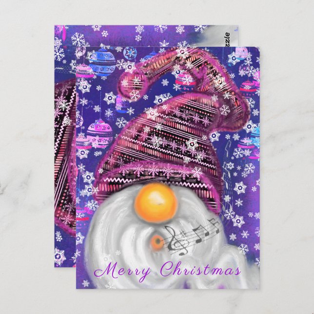 Weihnachts-Card-Happy Gnome in Lila Hat Sings Postkarte (Vorne/Hinten)