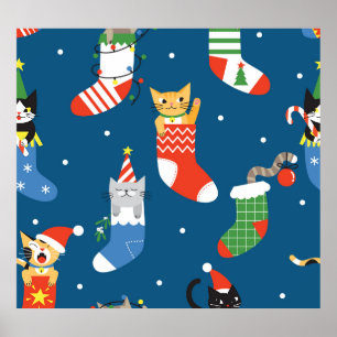 Weihnachts-Cartoon Cats Niedliches Muster Poster