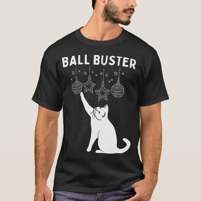 Weihnachts-Cat-Ball Buster Xmas Ornamente Funny T-Shirt (Vorderseite)