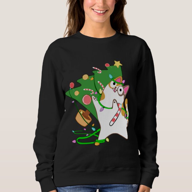 Weihnachts Cat Calico klopfen über xmas Baum kitty Sweatshirt (Vorderseite)