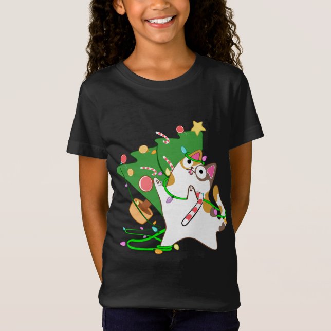 Weihnachts Cat Calico klopfen über xmas Baum kitty T-Shirt (Vorderseite)
