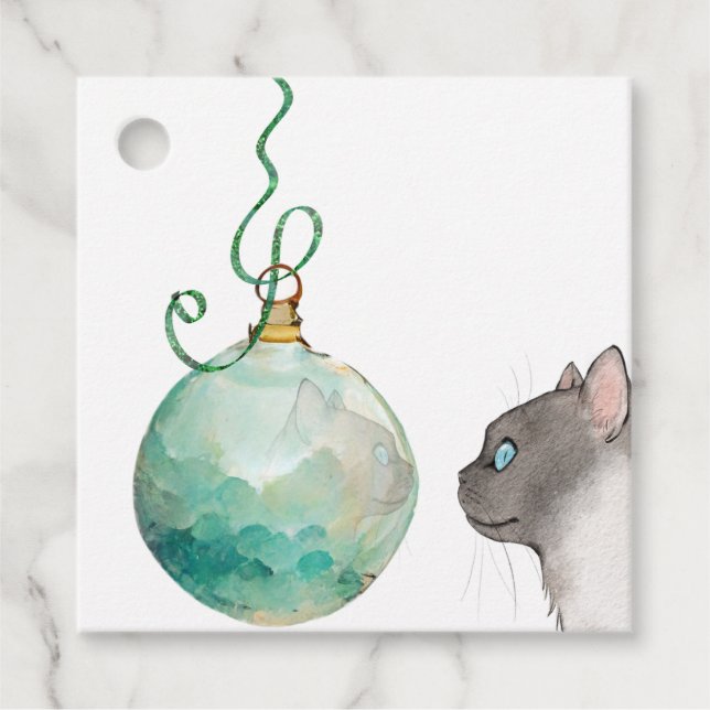 Weihnachts-Cat-Reflektion in einem Ornament-Gesche Geschenkanhänger (Vorderseite)