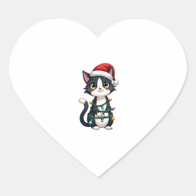 Weihnachts Cat Tuxedo Black Cat Weihnachtslichter  Herz-Aufkleber (Vorderseite)
