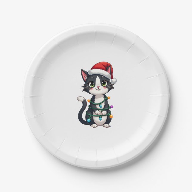 Weihnachts Cat Tuxedo Black Cat Weihnachtslichter  Pappteller (Vorderseite)
