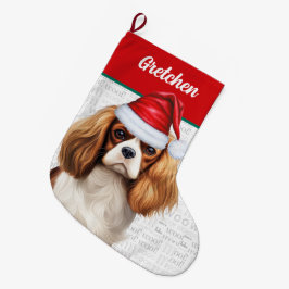 Weihnachts-Cavalier Hund mit Name Woof Hintergrund Großer Weihnachtsstrumpf