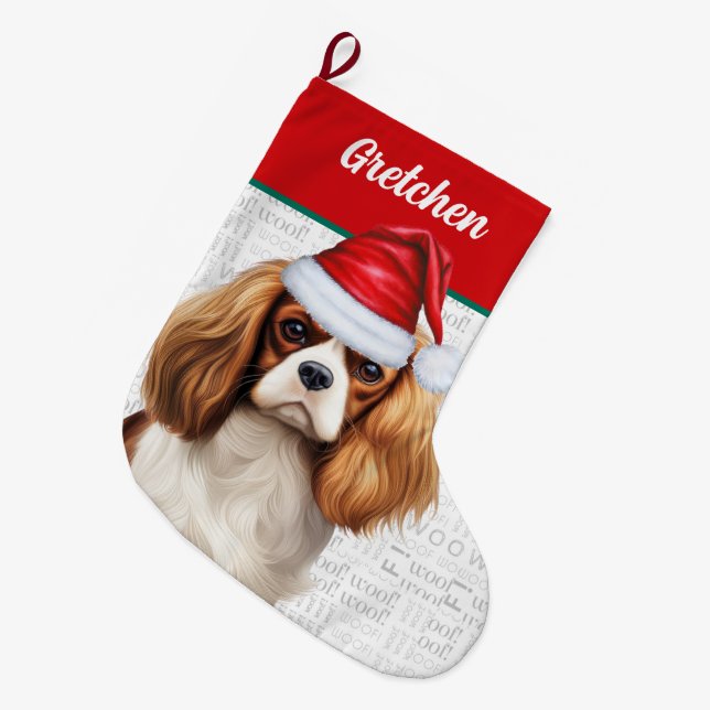 Weihnachts-Cavalier Hund mit Name Woof Hintergrund Großer Weihnachtsstrumpf (Vorderansicht (hängend))