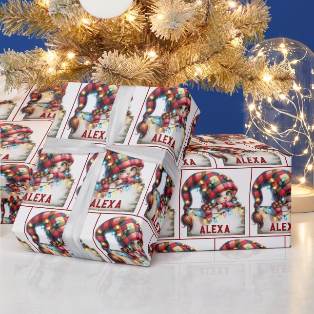 Weihnachts-Chibi-Gnome mit Individuelle Name Geschenkpapier (Feiertage)